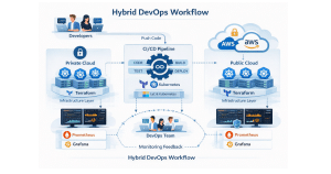Hybrid cloud DevOps architecture with CI/CD pipeline and multi-cloud deployment